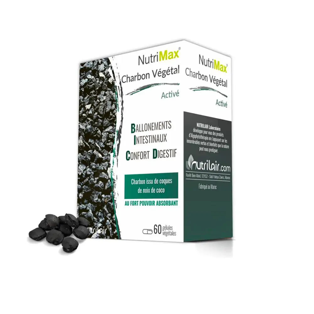 Charbon végétal actif NutriMax pour réduire les ballonnements et améliorer le confort digestif.