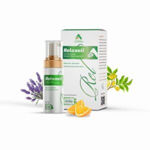 Flacon et boîte Relaxoil avec ingrédients naturels – Huile relaxante, apaisante et décontractante musculaire | BioEkleel