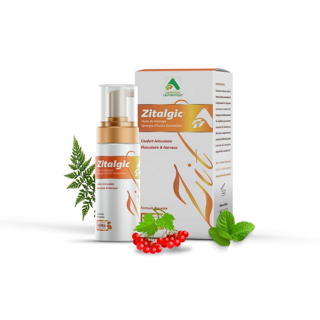 Flacon et boîte Zitalgic avec ingrédients naturels – Huile antidouleur pour articulations, muscles et nerfs | BioEkleel