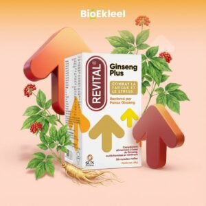 Complément alimentaire Revital Ginseng Plus présenté dans un environnement naturel avec racine de ginseng